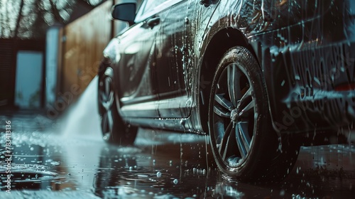 Outside of the house, manual car washing with a high-pressure water hose—the idea of self-carwashing