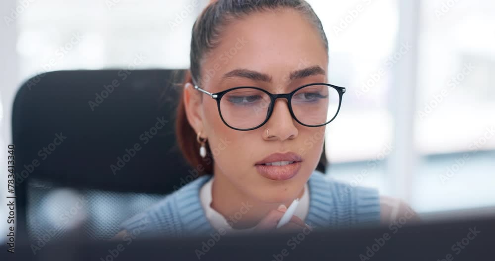 Brainstorming, computer and woman with research in office for creative project with online planning. Ideas, thinking and professional designer working on desktop for information in workplace.