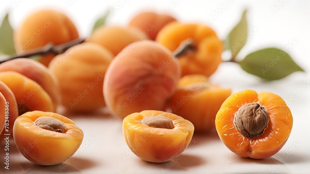 Apricot Elegance: Close-Up of Delicately Arranged Apricot Slices on a Table, Against a White Background Apricot Elegance: Close-Up of Delicately Arranged Apricot Slices on a Table, Against a White Background