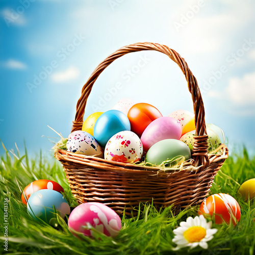 Creative poster for easter eggs with a basket of easter eggs happy eater day theme