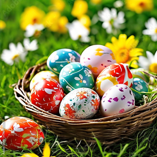 Creative poster for easter eggs with a basket of easter eggs happy eater day theme