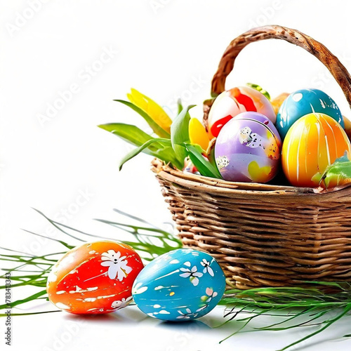 Creative poster for easter eggs with a basket of easter eggs happy eater day theme