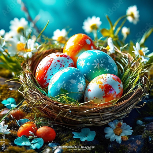 Creative poster for easter eggs with a basket of easter eggs happy eater day theme