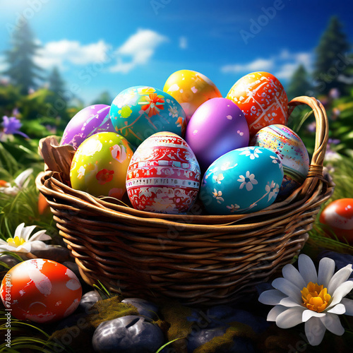 Creative poster for easter eggs with a basket of easter eggs happy eater day theme
