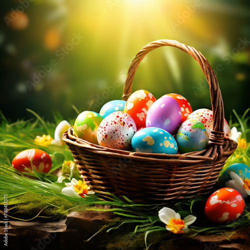 Creative poster for easter eggs with a basket of easter eggs happy eater day theme