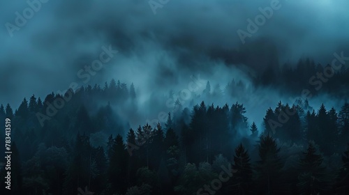 mystical rising fog in the black forest of germany dark and moody landscape panorama