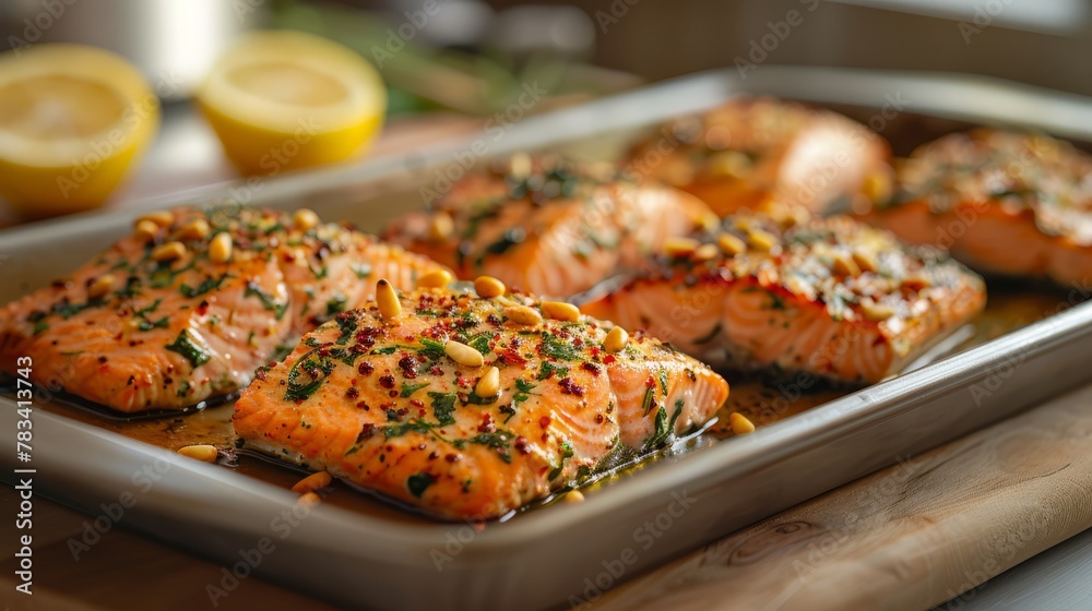 A pan holding cooked salmon atop a wooden cutting board Nearby, sliced lemons and a knife are positioned A pan holding cooked salmon atop a wooden cutting board Nearby, sliced lemons and a knife are positioned