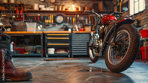 Motorcycle wheel on the floor with workshop tools, vintage garage, with blank copy space