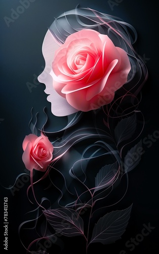 A pink rose in the shape of an abstract woman with long hair  in the style of 3D art  dark background  paper sculpture