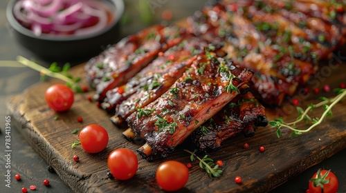  A wooden cutting board holds ribs smothered in BBQ sauce, garnished with chosen ingredients