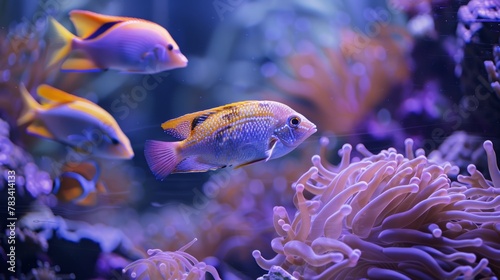 Macro Shot of Colorful Tropical Fish in Vibrant Coral Aquarium.
