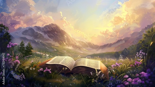 open bible with landscape of gods creation spiritual illustration of faith and nature digital painting