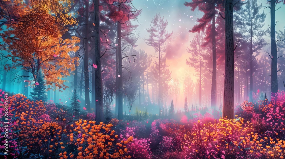panoramic fantasy landscape with autumnal pine forest and vibrant summer flowers future imagine concept - obrazy, fototapety, plakaty 