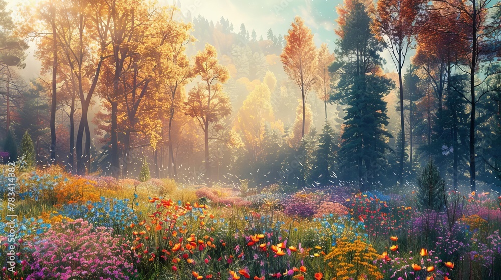 panoramic fantasy landscape with autumnal pine forest and vibrant summer flowers future imagine concept