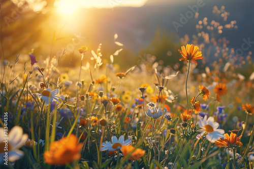 Sunset over a field of flowers casting warm light