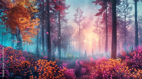 panoramic fantasy landscape with autumnal pine forest and vibrant summer flowers future imagine concept