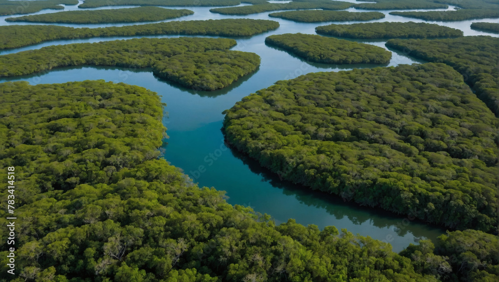 Diverse mangrove forests seen from above, sequestering CO in coastal areas.