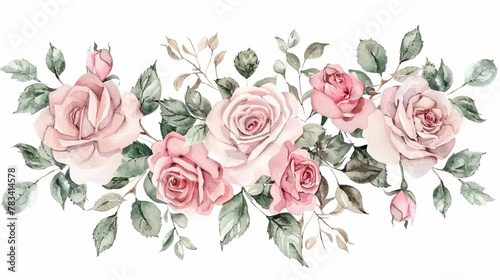 pink watercolor roses and green leaves border romantic wedding invitation illustration © Bijac