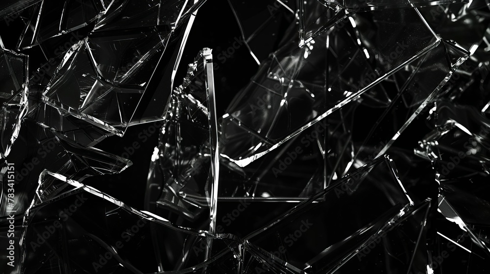 realistic broken glass texture on black background sharp shattered shards wallpaper closeup abstract photo - obrazy, fototapety, plakaty 