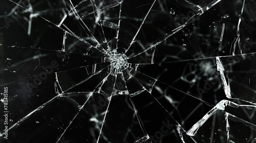 realistic shattered glass texture with cracks and sharp edges isolated on black broken window closeup