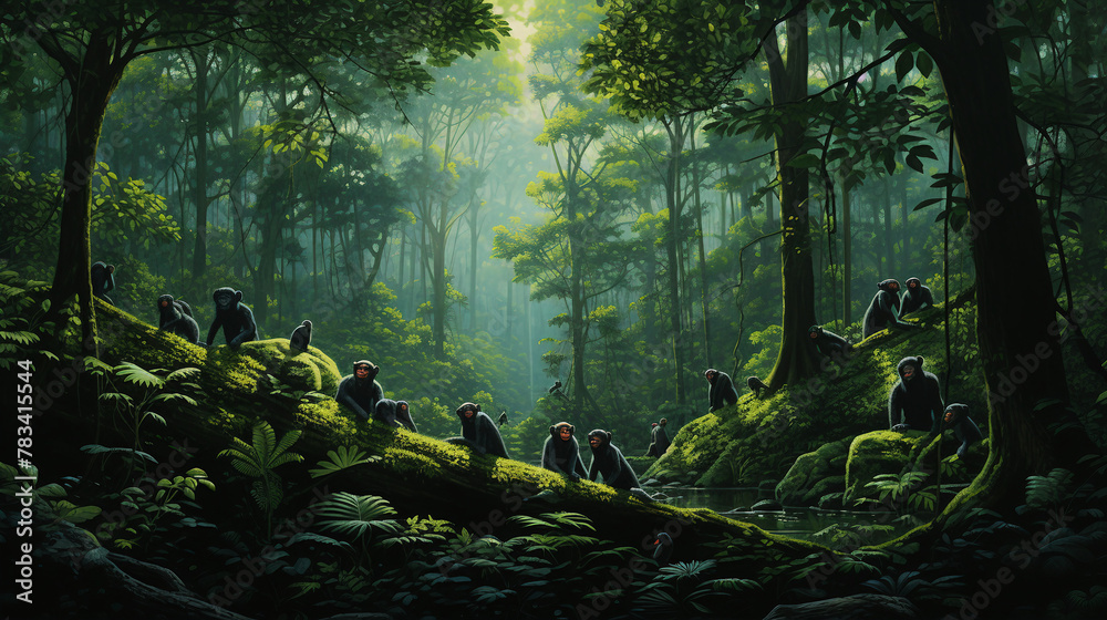 Enigmatic Encounters: Bonobos' Unique Forest Canopy Scene Unveiled - obrazy, fototapety, plakaty 