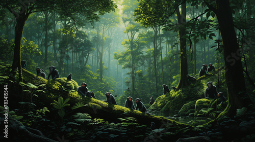 Enigmatic Encounters: Bonobos' Unique Forest Canopy Scene Unveiled photo