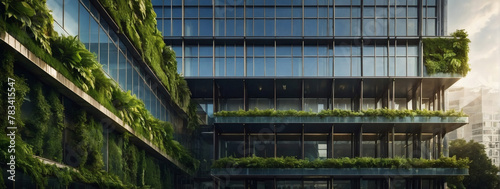 Eco office building with greenery for CO reduction.