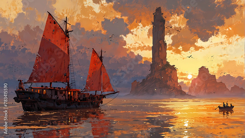 rough painting illustration of decrepit old chinese junk sailing ship with colorful painted sails in strange sea near bizarre rocky tower island photo