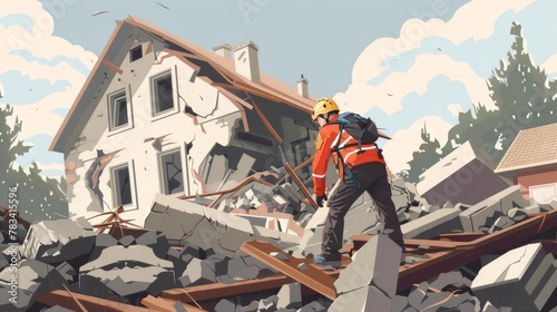 rescue worker in helmet clearing rubble of collapsed house after devastating earthquake in turkey disaster relief concept illustration