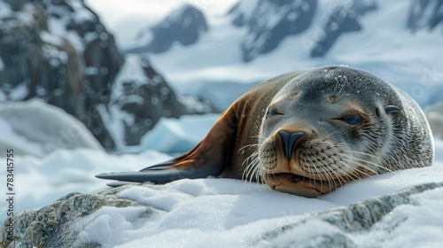   A seal rests atop a snow-laden pile on a snowy ground, surrounded by mountainous backdrop photo