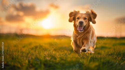 Happy Golden Retriever in Lush Meadow at Sunset
