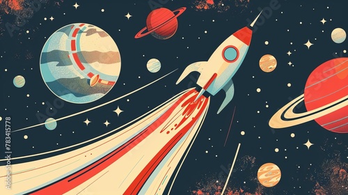 retrofuturistic space travel poster with rocket ship and planets vintagestyle illustration