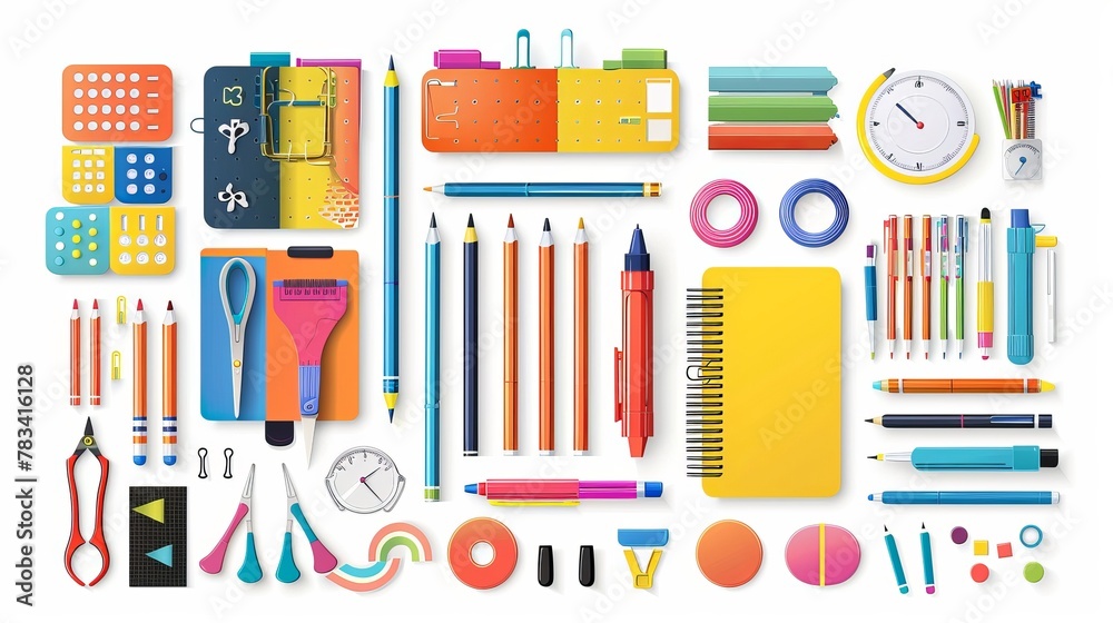 Stack of vibrant school supplies against a white backdrop