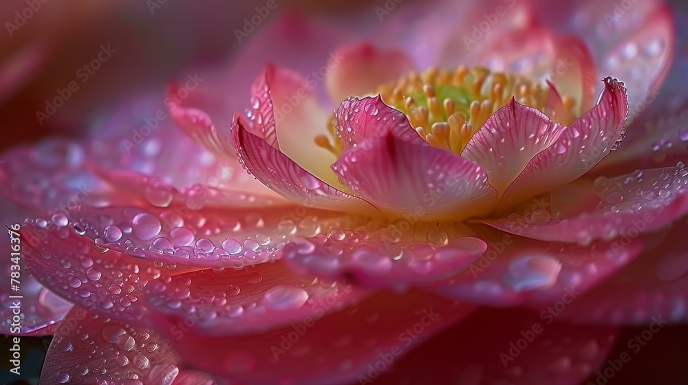  petals dotted with water drops, yellow center glows within