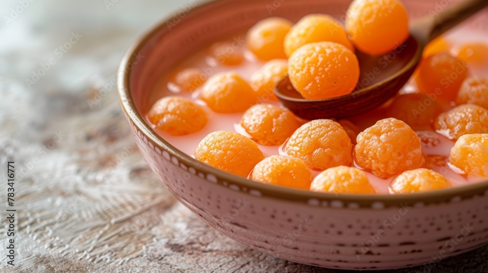 A close-up of a bowl filled with oranges topped with a spoon A close-up of a bowl filled with oranges topped with a spoon