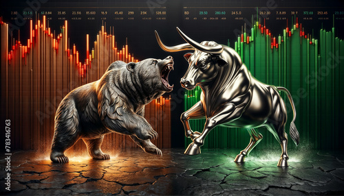 Bull vs bear, symbols of stock market trends, fierce market battle in red and green charts © zamuruev