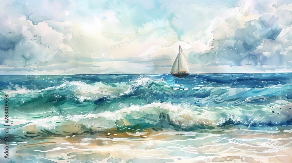 serene seascape with gentle waves and a distant sailboat watercolor illustration