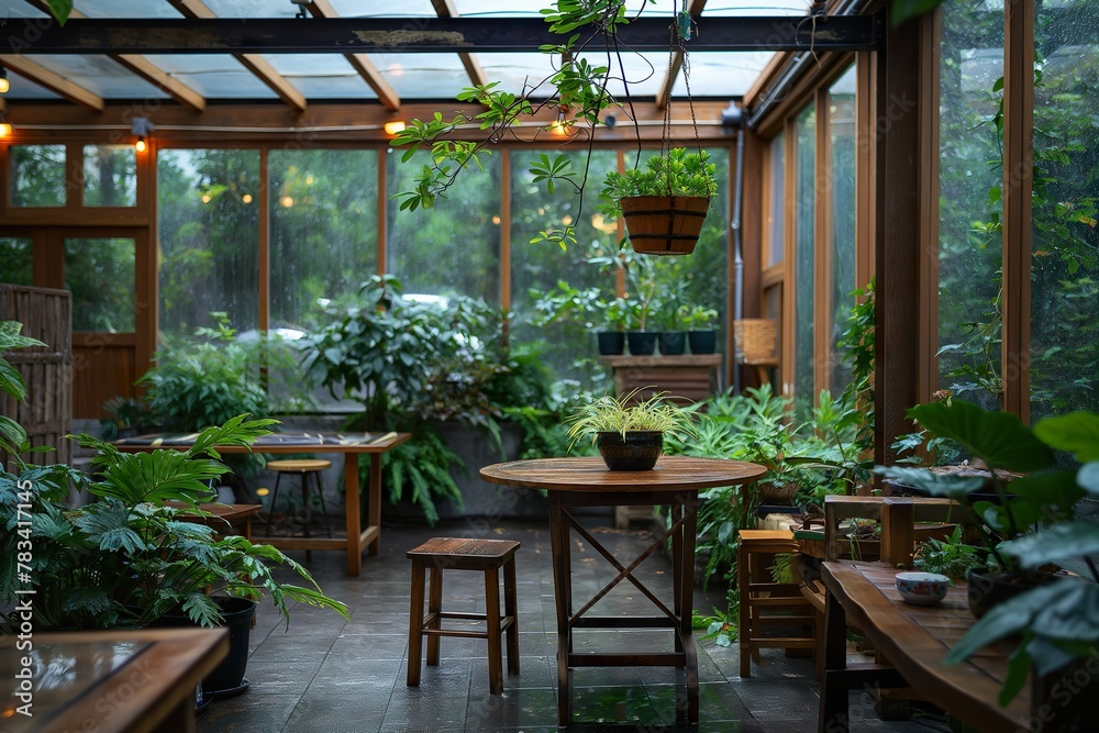 A room filled with numerous plants and tables, offering tea and coffee to visitors in a local cafe located in a greenhouse. A room filled with numerous plants and tables, offering tea and coffee to visitors in a local cafe located in a greenhouse.