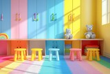 A childs playroom with vibrant walls and colorful stools for imaginative play and creativity.