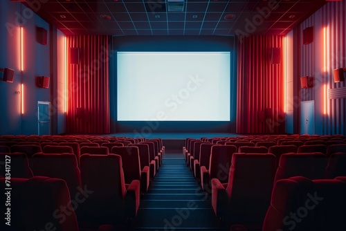 An empty theater with rich red curtains drawn, revealing a white screen awaiting projection.