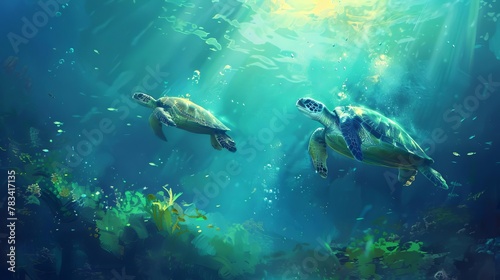 serene underwater seascape with graceful sea turtles and swaying seaweed tranquil digital painting