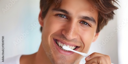 A man is brushing his teeth with a toothbrush in a bathroom.