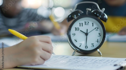 Students in a school, college, or university classroom taking an optical form of standardized exams close to an alarm clock while holding a yellow pen for the final exam