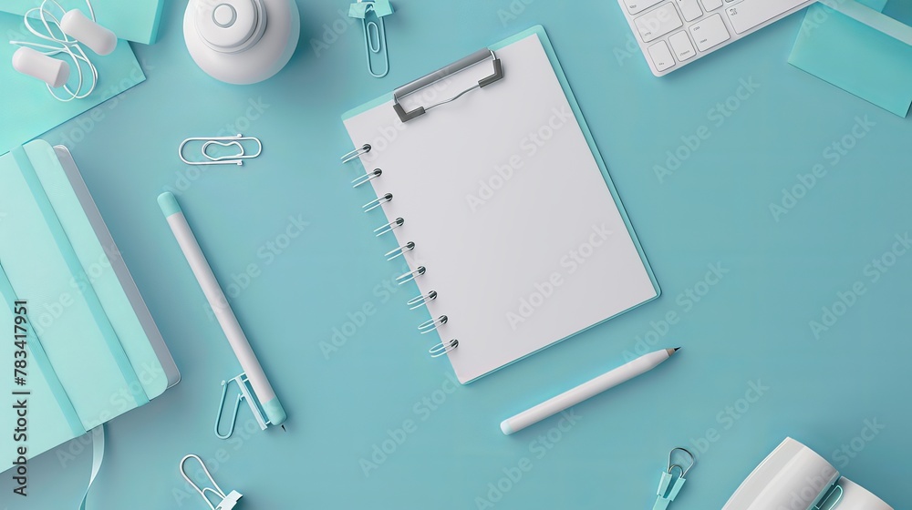 Fototapeta premium A blank notebook and stationary or office supplies floating on a blue background. 3D illustration render. Concept of working in the office.
