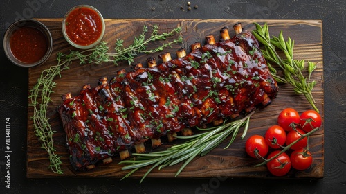   A cutting board, made of wood, holds ribs coated in BBQ sauce Garnishes include green onions and cherry tomatoes