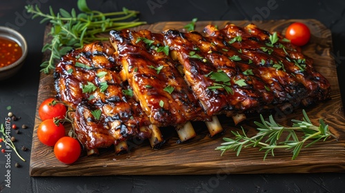  A wooden cutting board bears ribs, generously coated with BBQ sauce Fresh herbs and cherry tomatoes serve as delightful garnishes