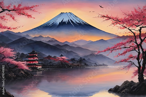 Mount Fuji at sunset, capturing majestic silhouette of mountain against vibrant, colorful sky as sun dips below horizon, creating tranquil scene. For art, creative projects, fashion, style, magazines. © Anzelika