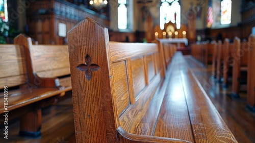 A detailed shot of a church pew during Easter service, with a plain, text-ready background, emphasizing tranquility photo