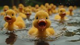   A cluster of rubber ducks in a water basin, faces submerged, beaks agape, heads tilted sideways