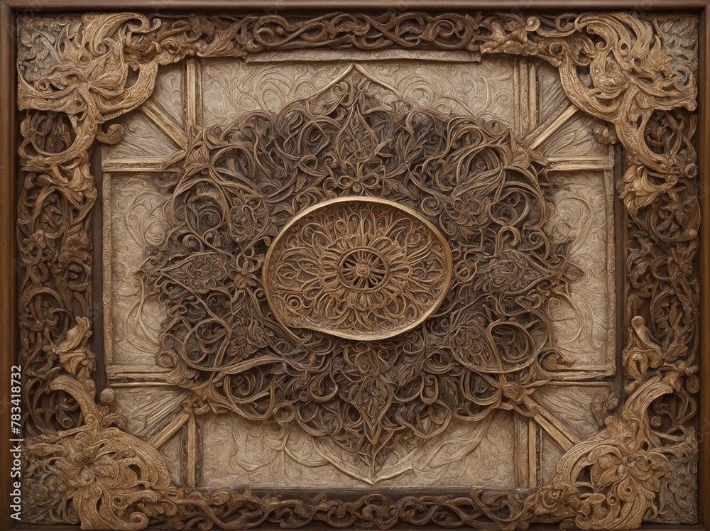 Image showcases intricately carved wooden panel featuring symmetrical floral design with central circular motif surrounded by layers of detailed petals, leaves, various organic shapes.